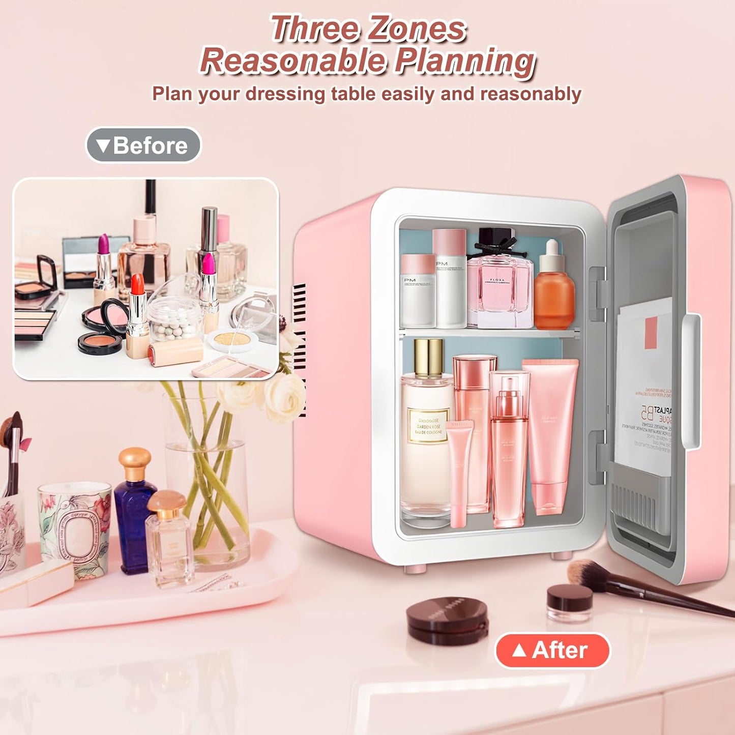 Mini Fridge for Bedroom, Skincare Fridge with Dimmable LED Light Mirror, 4L Makeup Mini Fridge, Pink