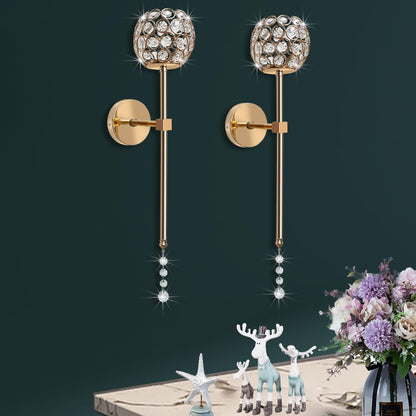 Crystal Candle Sconces for Wall Decorative Long Candle Holder Sconce Wall Art Home Decor for Bedroom Living Dining Room, Set of 2-Gold