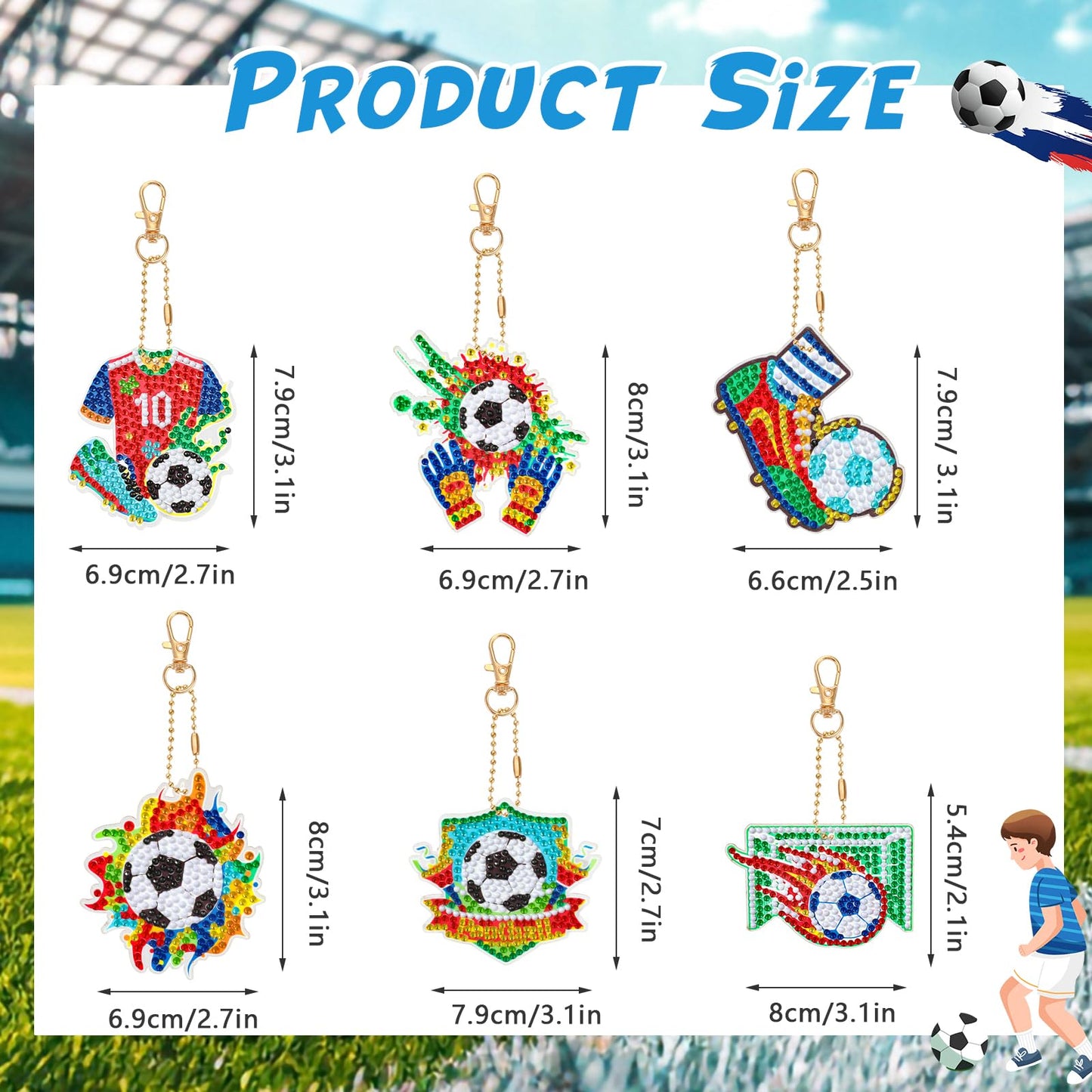 JSRQT 5D DIY Football Diamond Art Painting Keyrings Kit, Double-Sided Diamond Pasted Painting Keychians for Adult Kids, Rhinestone Mosaic Craft Painting Pendant for Handbag Backpack Party Decoration