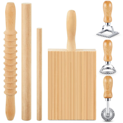 Tioncy 7 Pcs Pasta Making Tool Set Kitchen Gift for Mom, Wood Gnocchi Board with Ravioli Stamp Ravioli Maker Rolling Pin Gnocchi Garganelli Ltalian Pasta Tools for Beginners Mother's Day Home Cooks
