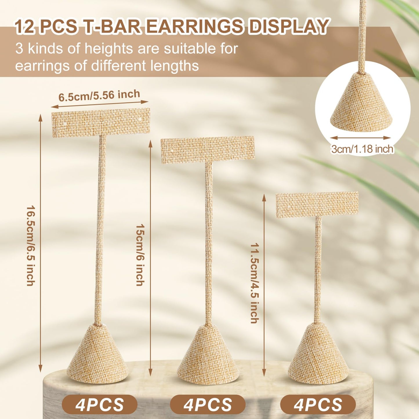 Marsui 12 Pcs Earring Display Set T Bar Earring Display Stand with 3 Heights Earrings Stand for Jewelry Vendors (Linen Color)