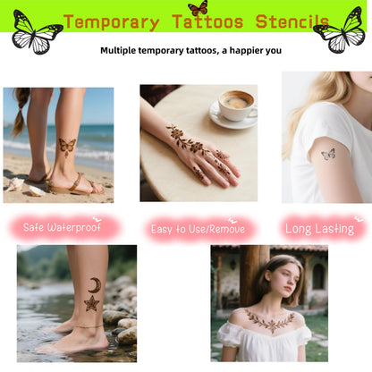 ManYan HaiYan Temporary Tattoo Stencils Kit - Reusable 12 Large Sheets, 78 Unique Designs - 6 Tattoo Cones 3 Colors (Brown/Black/Maroon) with Brush & Wipes for DIY Body Art, Festivals, Parties, Makeup