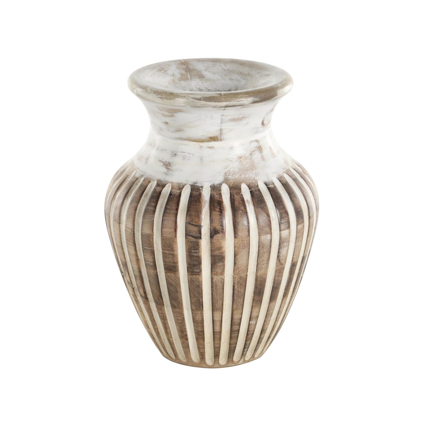Deco 79 Mango Wood Decorative Vase Distressed Centerpiece Vase with Carved Grooves, Vase for Home Decoration 8" x 8" x 11", Brown