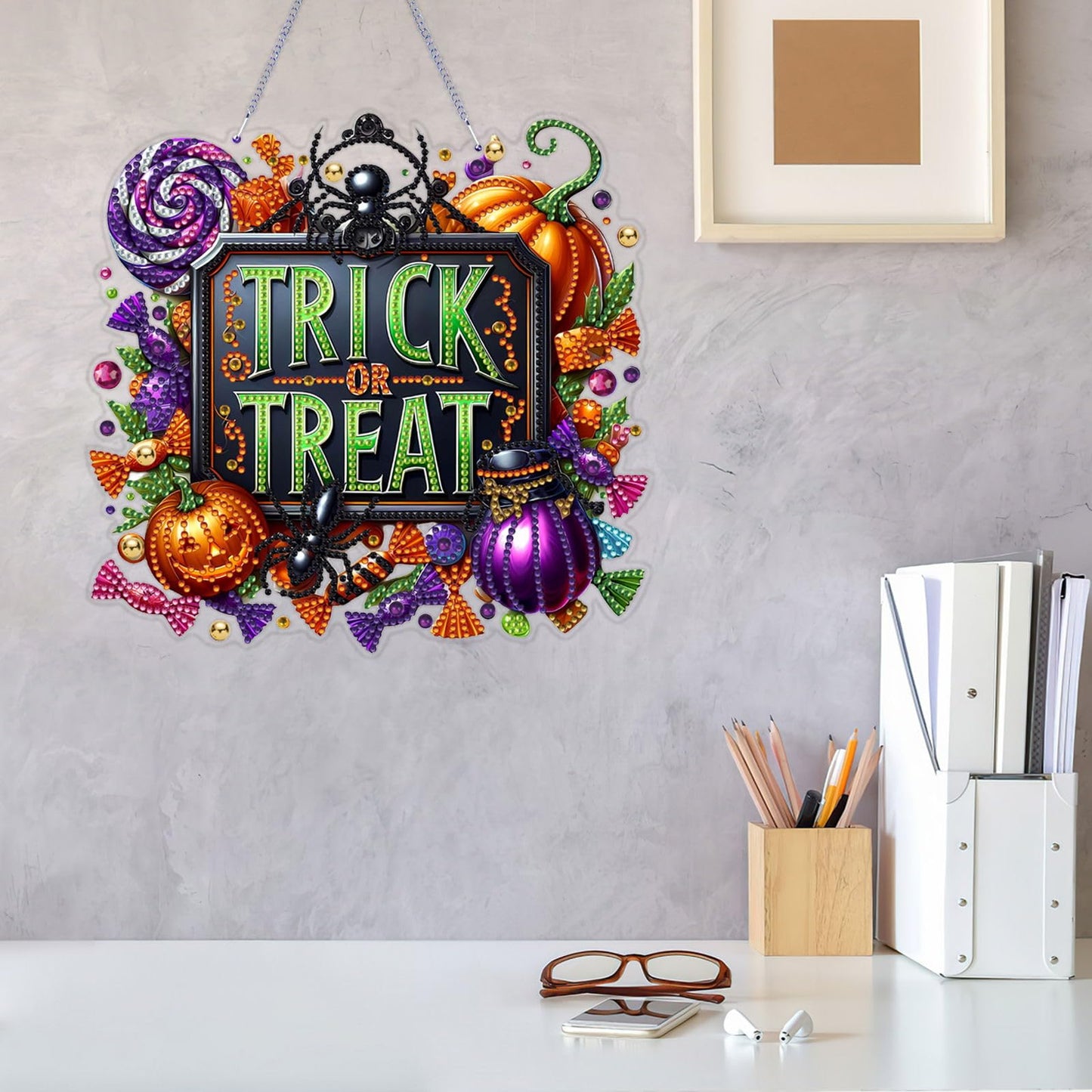 VODAPYC Halloween Diamond Art Hanging Kits for Adults, DIY Double Sided Special Shaped Diamonds Art Window Pendant Ornament for Home Decor(Trick or Treat)