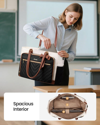 LOVEVOOK Lunch Bag, Tote Bag for Women with Insulated Lunch Compartment, Laptop Bag with Large Capacity & Cup Holder, Work Tote for Teacher, Nurse, Travel, College, Daily, Black-Beige-Brown, 15.6 Inch