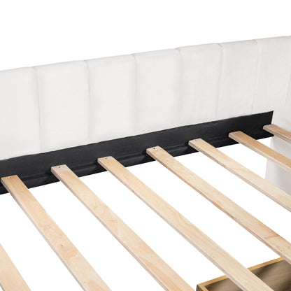Jintop Twin Size Velvet Daybed with Two Drawers and Stripe Shaped Headboard Design,Upholstered Wooden Storage Bed Frame,w/Ergonomic Design Backrest,for Bedroom,Living Room,Beige