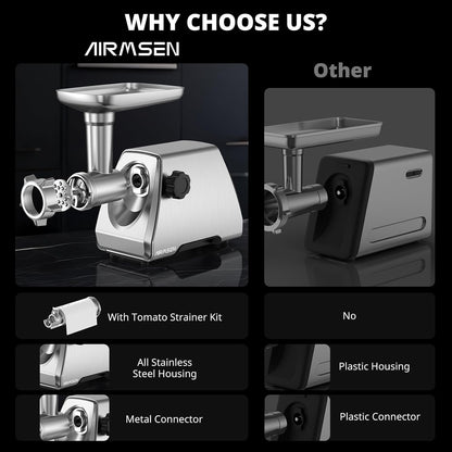 AIRMSEN Electric Meat Grinder & Tomato Sauce Press - Heavy Duty Food Mill for Home Cooking