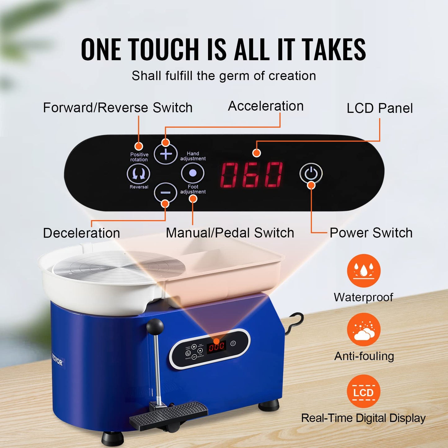 VEVOR 11in Pottery Wheel for Adults Beginners, 450W Ceramic Wheel Forming Machine With LCD Touch Screen, Adjustable 60-300RPM Speed Handle and Foot Pedal Control, 32PCS Accessory Tools Kit, Craft Gift