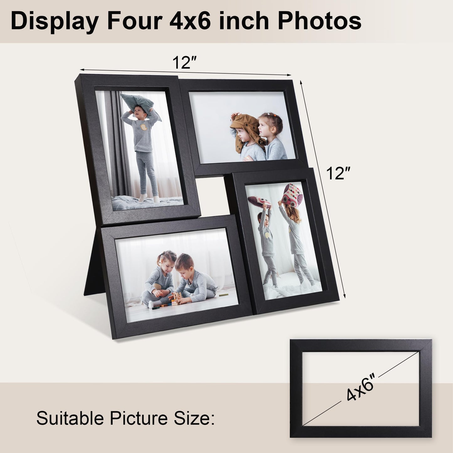 THKRLOF 4x6 Picture Frames Collage 1 Pack, 4 Opening Multi Family Photo Collage Frames with Real Glass for Wall Hanging or Tabletop, Black