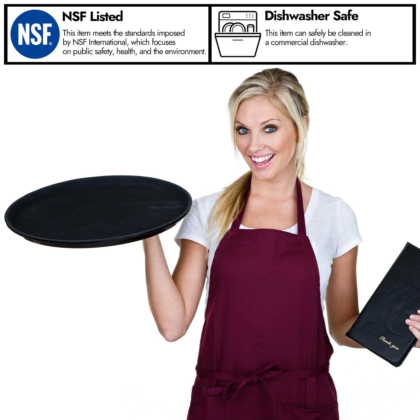 CURTA 2-Pack Restaurant Grade Non-Slip Tray, NSF, Oval 22-Inch x 27-Inch, Plastic Rubber Lined Round Serving Tray, Black