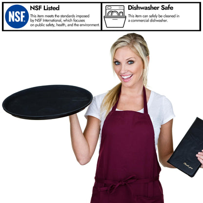 CURTA 2-Pack Restaurant Grade Non-Slip Tray, NSF, Oval 22-Inch x 27-Inch, Plastic Rubber Lined Round Serving Tray, Black