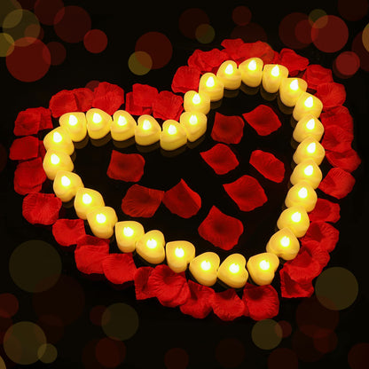 Coume 120 Pcs Romantic LED Heart-Shaped Candles with 6000 Rose Petals Set, Perfect for Weddings, Anniversaries, Home Decor, Date, Valentine’s Day, Battery-Operated, Reusable (Warm White Light)