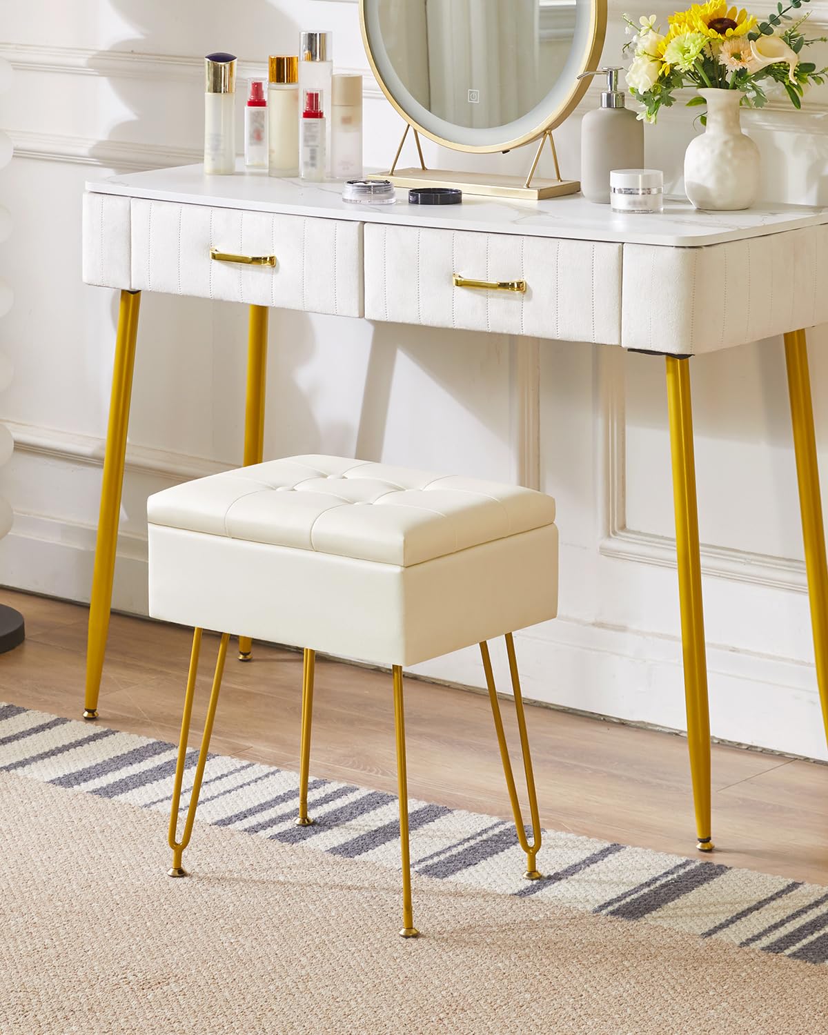IBUYKE Multifunctional Storage Vanity Stool with Flip Tabletop, Adjustable Metal Legs & PU Leather - 40x30x48cm Ottoman Footrest for Makeup, Living Room, Entryway, White WBD014W