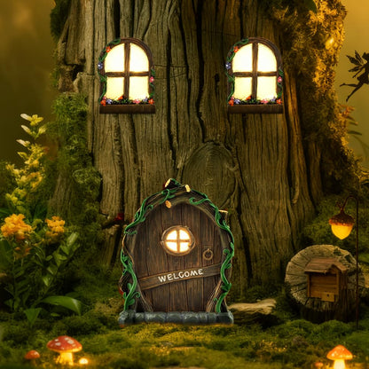 NOVYQREN Miniature Fairy Door and Windows Garden Kit Accessories,Glow in The Dark Fairy Door Windows Yard Art Sculpture Decoration Garden Decor(Wood)