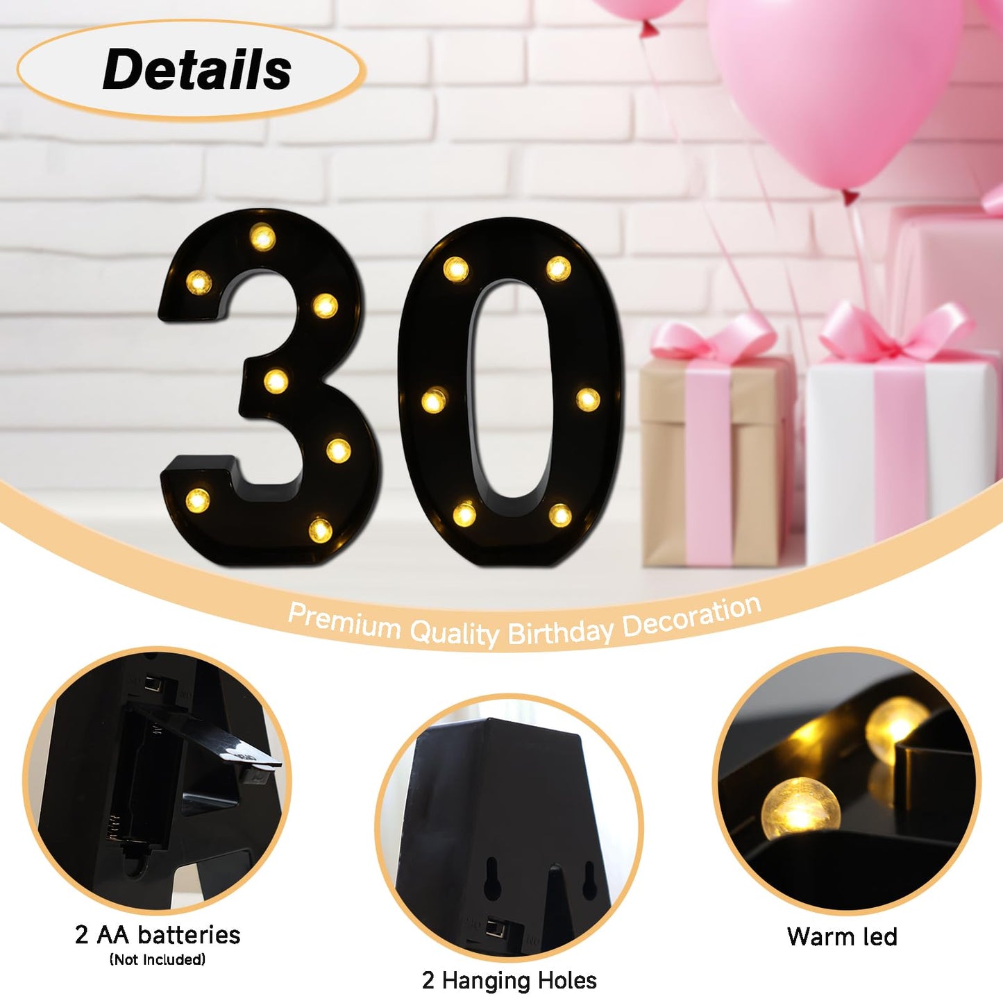 Led Light Up Numbers, 30th Birthday Decorations, Marquee Numbers Lights, Battery Powered Light Up Sign for 30 Decor Party (Black)