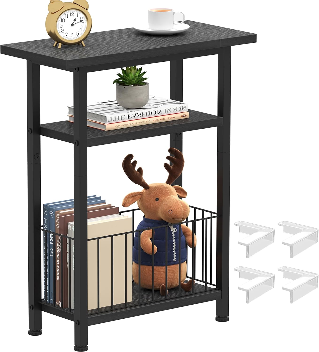 25.2" HET004BK1 Heybly Small Narrow Side Table for Small Space, Thin Bedside Table with Storage Basket, Skinny End