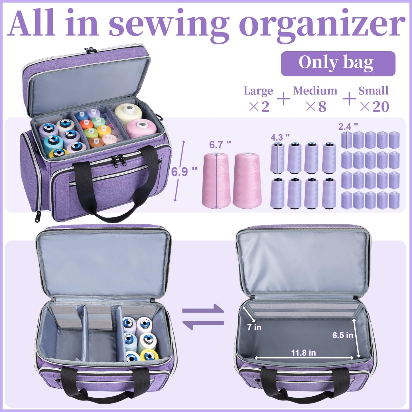 Anitor Large Sewing Supplies Organizer, Double Layer Sewing Storage Organizer with Two Detachable Dividers, Travel Sewing Bag Organizer with Shoulder Strap for Accessories, Purple, (Bag Only)