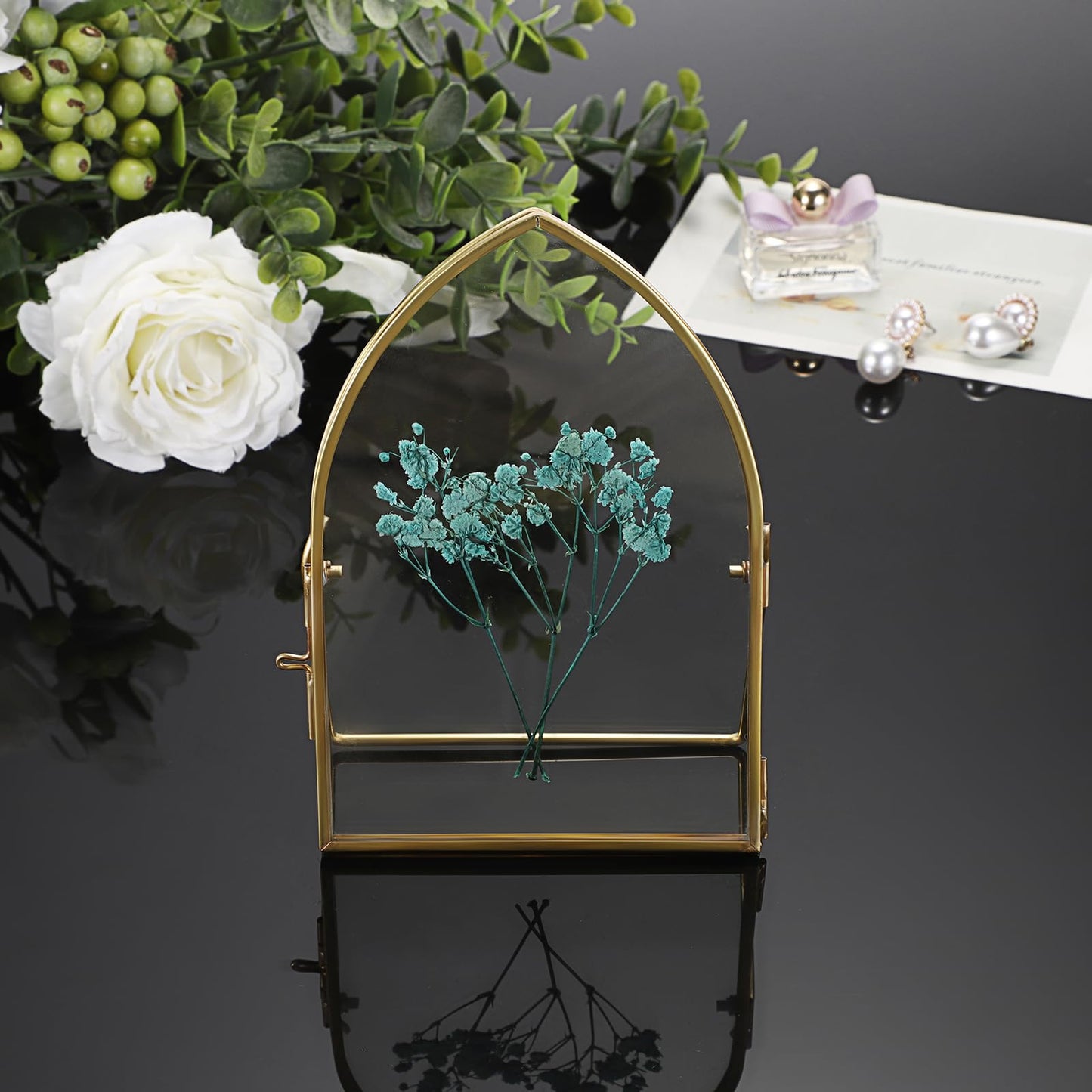 JUXYES 4x6 Inch Tabletop Double Glass Frame for Pressed Flowers, 3 Pack Glass Desktop Picture Artwork Display Frames, Brass Floating Frame Style for Dried Flowers Photo Picture Poster etc