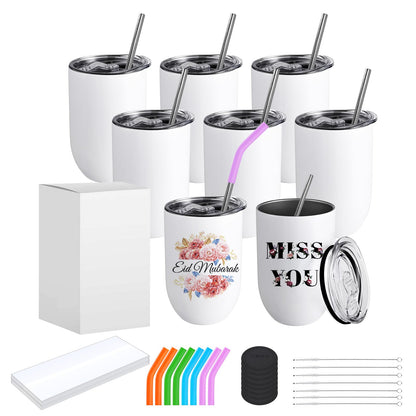 ColorSub Sublimation Wine Tumblers 12oz, 16 Pack Stainless Steel Double Wall Sublimation Blanks Wine Cups with Lids & Straws, Brush, Shrink Wrap, Silicone Straw Tips, Gift Box (Straight 8 Pack)