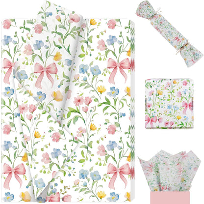 Ywdbzjhs 100 Sheets Tiny Spring Flowers and Pink Bows Tissue Paper, Coquette Bow Wildflowers Floral Gift Wrapping Paper for Botanical Valentine Birthday Wedding Baby Shower Supplies, 20'' x 14''