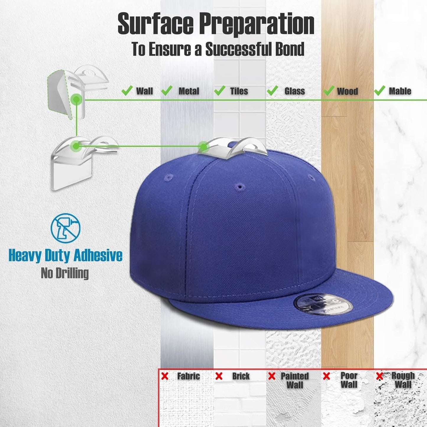 BRATEAYA Baseball Hat Holder for Wall, Adhesive Hat Racks for Baseball Caps, Super Strong Hat Display Hooks, No Drilling Hat Organizer Men Boys Bedroom Accessories, Clear, Pack of 10