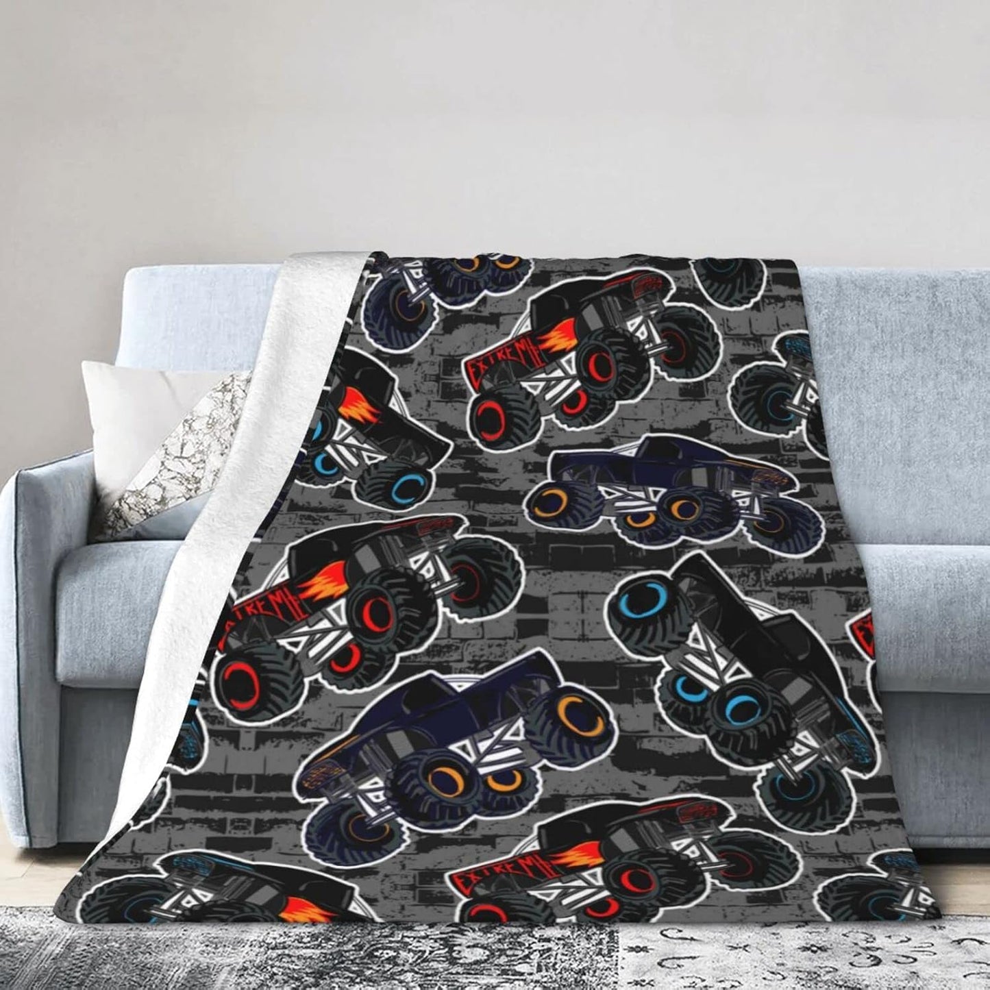Perinsto 60"X50" Monster Truck Boys Style Throw Blanket Ultra Soft Warm All Season Decorative Fleece Blankets for Bed