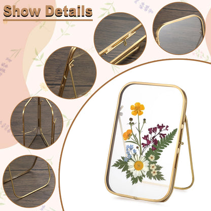 OGANAZI 4x6 Inch Double Glass Pressed Flower Frame - Golden Floating Frames for Dried Flowers, Art, Photos | Vintage Pressed Flower Frame Tabletop Display Holder for Home Plant Specimen (Oblong Shape)