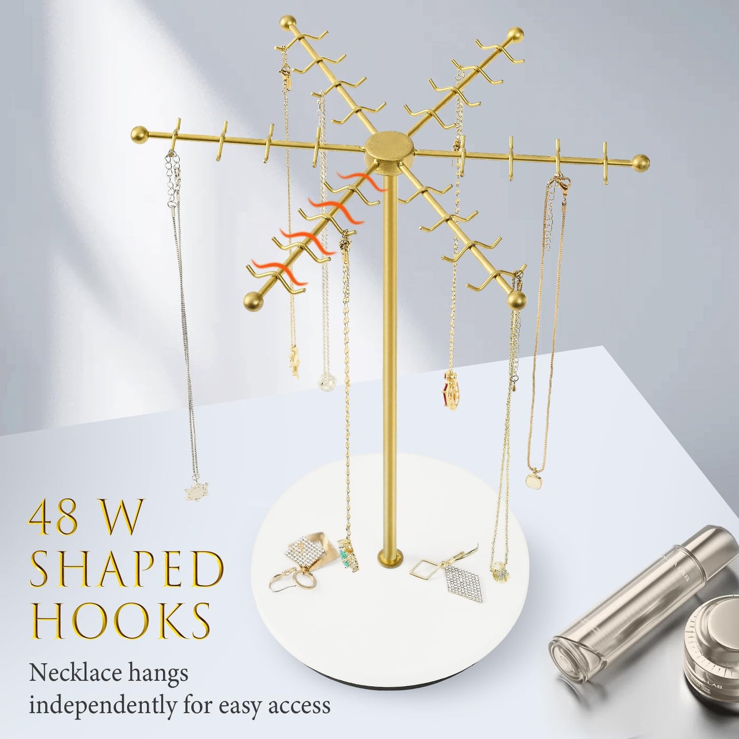 Poyilooo Necklace Holder Jewelry Stand, Rotating Necklace Holder Organizer with 48 Hooks for Necklace Earring Keychains Bracelet Display Stand, Metal Necklace Tree Stand -Women Gifts (Gold)