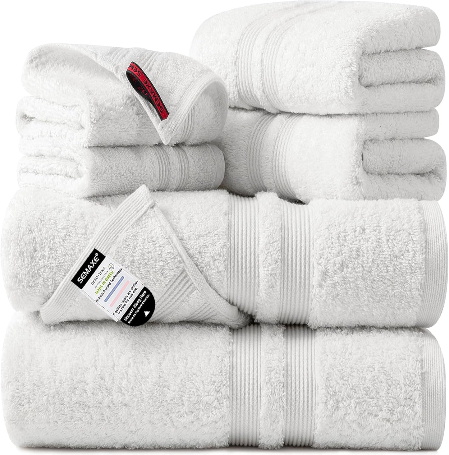 6-Piece Set, 600GSM 100% 2 Packaging, SEMAXE Solid Towel White, Cotton, Each of Bath Towel, Hand Towel, and Washcloths