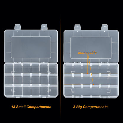 CGCG 3 Pack 7.9 x 5.8 inch Plastic Organizer Box with Adjustable Dividers 18 Grids Clear multi Compartment Storage Container Small Case for Beads Crafts Jewelry Fishing Tackles nail charm sticker