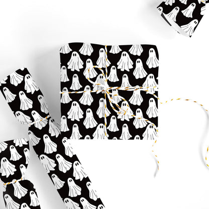 Whaline Halloween Wrapping Paper -Mini Roll- 17 In x 32.8 Ft Groovy Black White Ghost Gift Wrap Paper for Baby Shower Birthday Halloween Wrapping Supplies