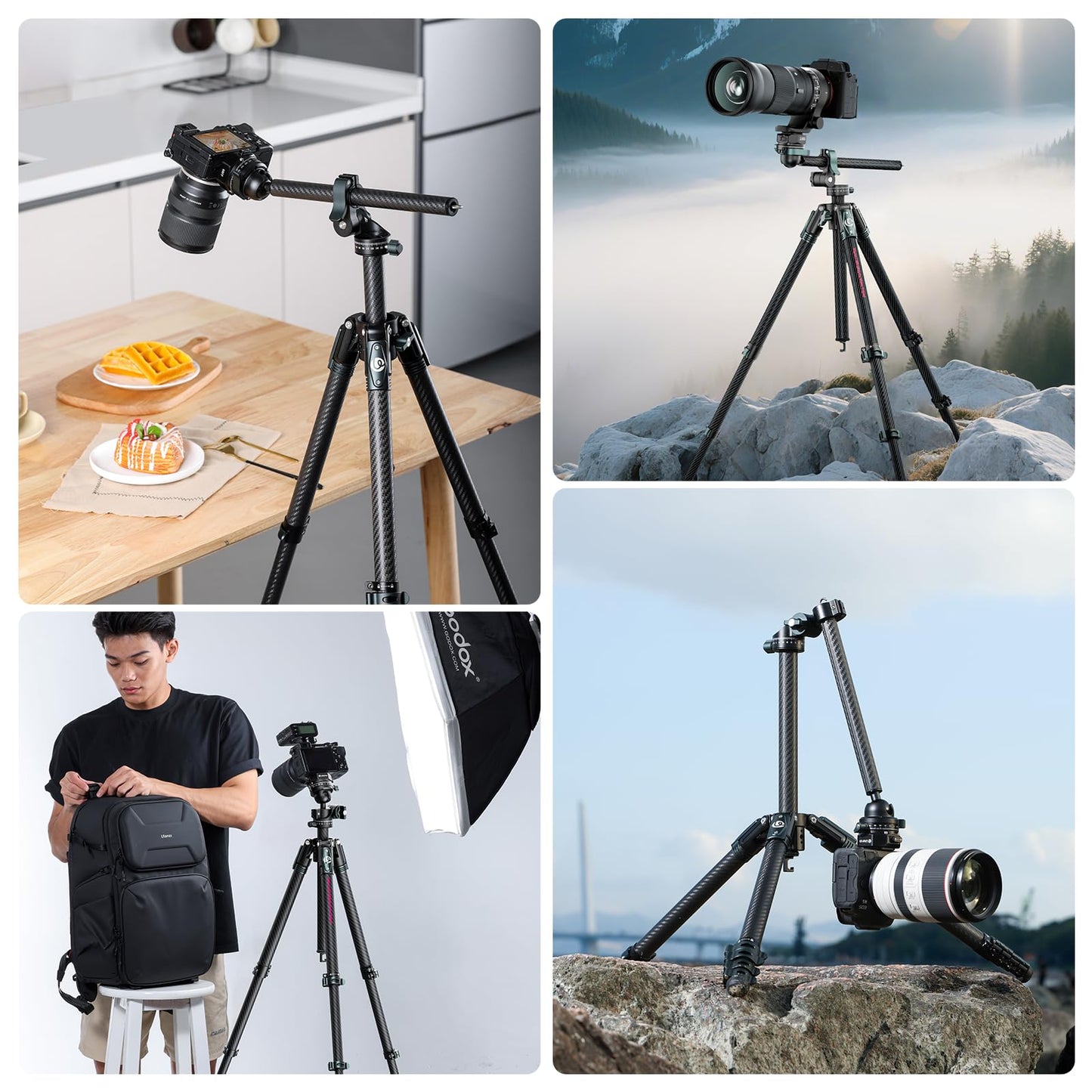 ULANZI JJ05 GlideGo Carbon Fiber Photo Tripod, Dual 360° Pan Head, 72.4 inch Max Height, 11 lb Load, UKA Quick Release, Professional Portable Lightweight Travel Tripod with Bag