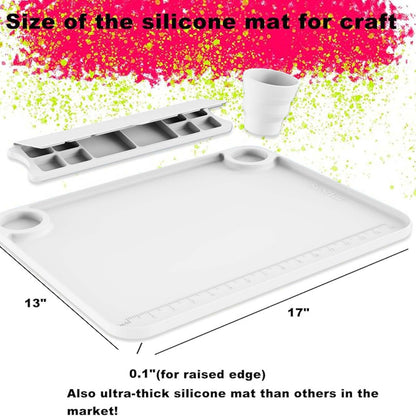 Svartur Silicone Painting Mat with Cup and Palette Removable, 17"X13" Thick Silicone Art Mat for Craft with Raised Edge for Resin DIY Making, White