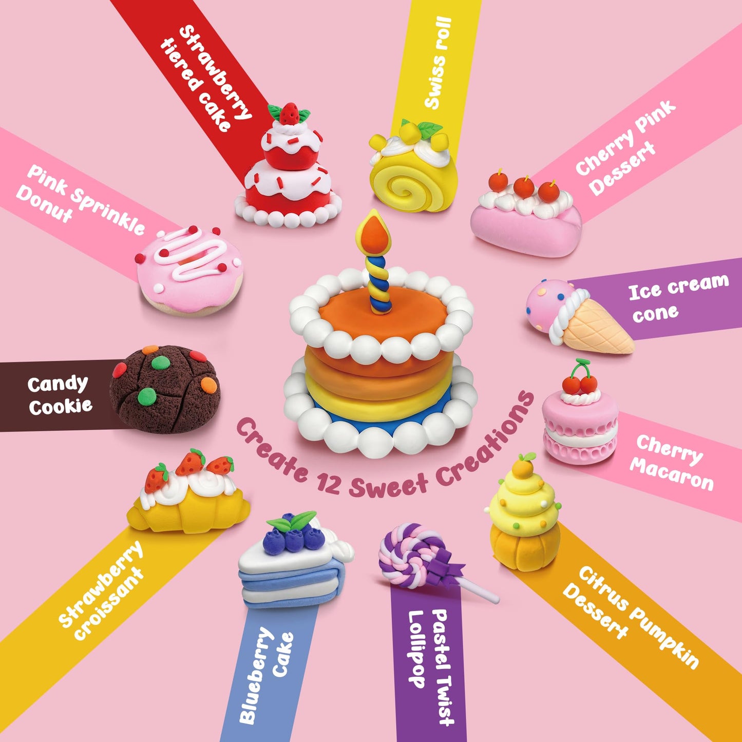 Air Dry Clay Kit for Kids 3-12 - 12 Boxes (48 Total Blocks) Non-Toxic Magic Molding Clay | Dessert-Themed DIY Set - No Baking, Mess-Free - Ideal for Family Time/Birthday Parties & Fine Motor Skills