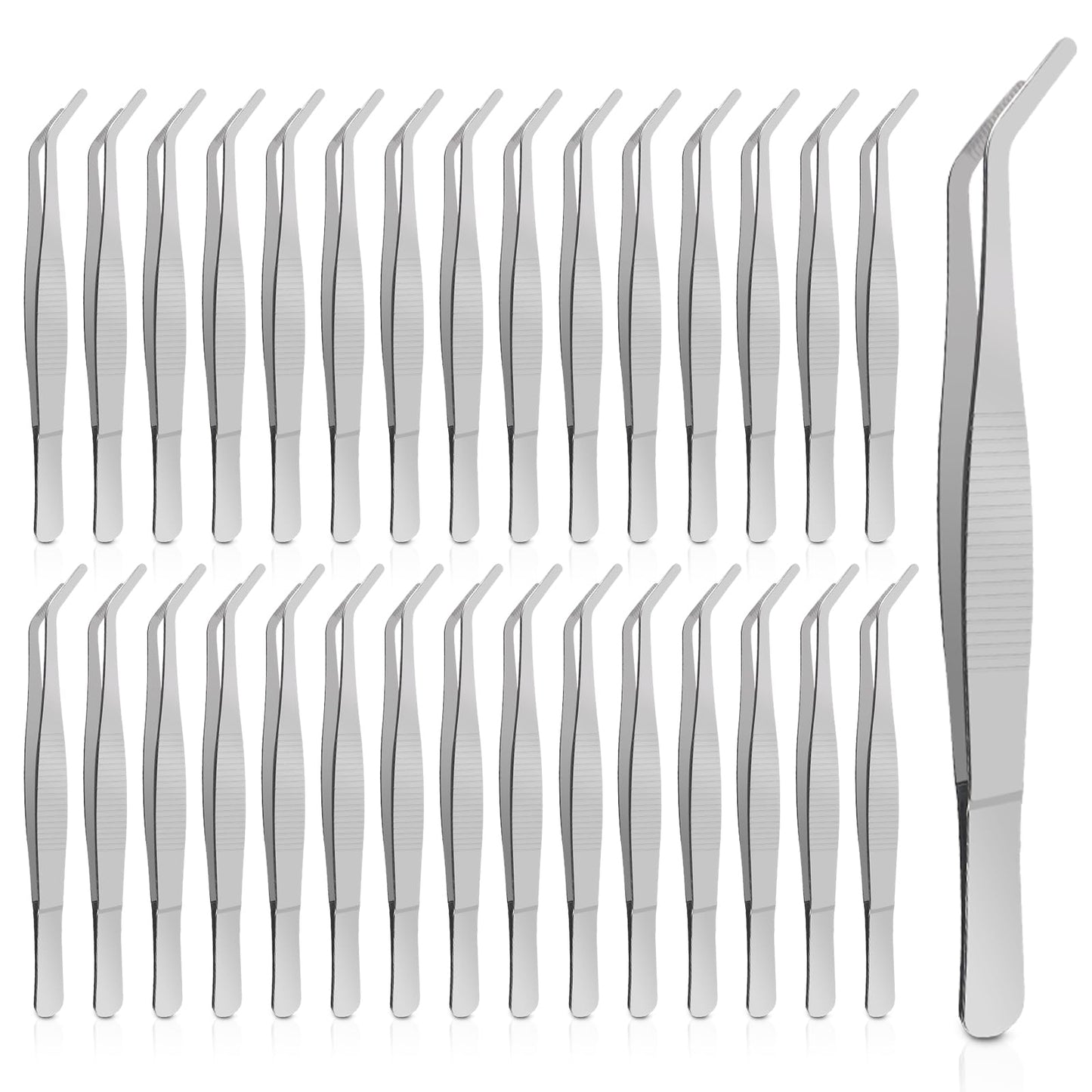 30PCS Thickened Stainless Steel Tweezers with Curved Serrated Tip, 6.3×0.4in Multipurpose Tweezers for Crafting, Craft Sewing, Garden Work and Feeding Small Animals, Non-Slipping Hand Tools (Sliver)