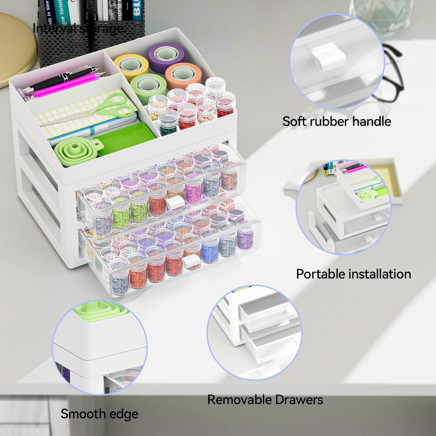 ARTDOT Storage Containers for Diamond Painting Accessories, 2 Drawers with 96 Slots Bead Storage Bottles and Diamond Art Accessories and Tools Rack
