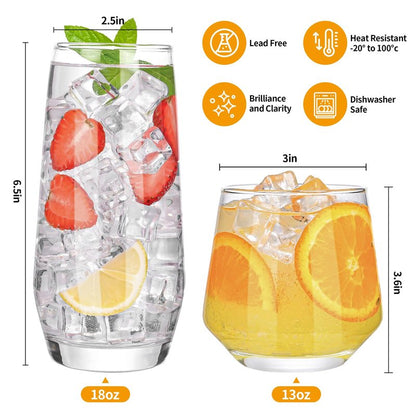 ZMOWIPDL Drinking Glasses Set of 8,Clear 13 oz & 18oz Crystal Glass Cups,Drinkware Glassware,Highball Water Tumbler,Short Stemless Wine Glasses，for Beer,Cocktail,Whiskey,Juice and Various Mixed Drinks