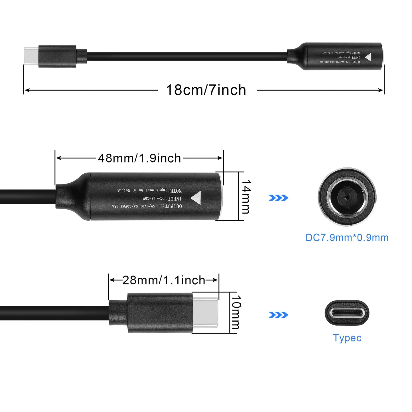 GINTOOYUN PD65W DC5525 to USB-C Charging Cable DC5.5mmx2.5mm Round Female to Type-C Charger Power Adapter Cable for Laptops,Mobile Phones,Tablets, Rechargeables,etc(7Inch)