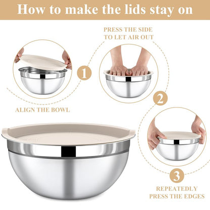 Funnydin 7 Piece Stainless Steel Mixing Bowls with Lids Set - Khaki Nesting Metal Mixing Bowls for Kitchen, Sizes 4.5, 4, 3.5, 2.1, 1.5, 1.1, 0.7 Qt for Baking, Cooking and Serving, Dishwasher Safe