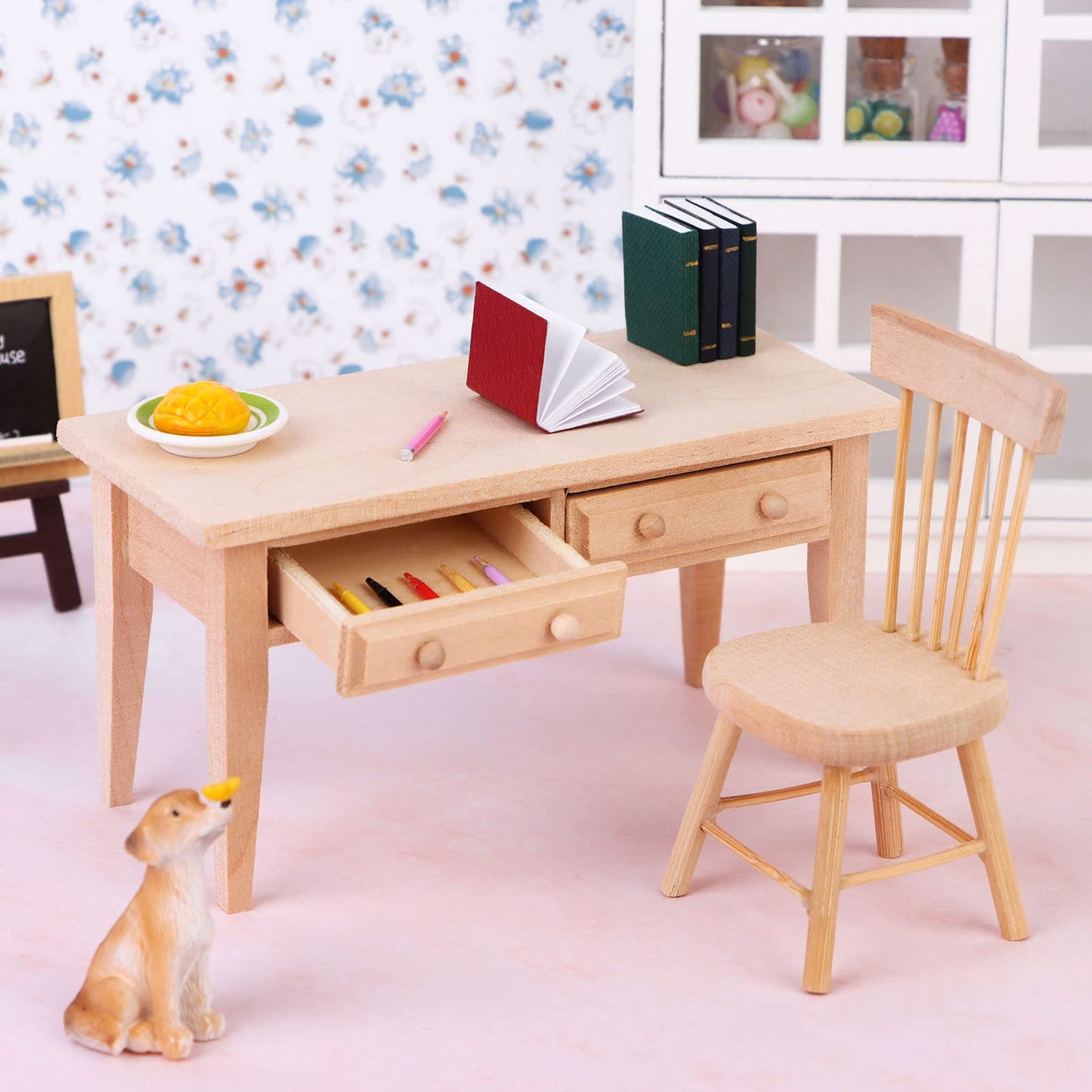 Haomian 1/12 Scale Miniature Wooden Dollhouse Furniture Set Desk and Chair Rustic Light Brown Dollhouse Furniture with Openable Drawers for Kids Role Play DIY Decor Photography Props