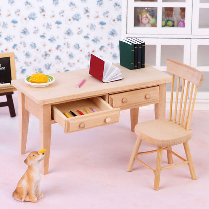 Haomian 1/12 Scale Miniature Wooden Dollhouse Furniture Set Desk and Chair Rustic Light Brown Dollhouse Furniture with Openable Drawers for Kids Role Play DIY Decor Photography Props