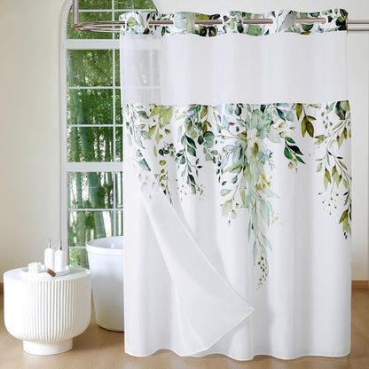 QiyI No Hook Shower Curtain with Snap in Fabric Liner, Sage Green Eucalyptus Shower Curtain with See Through Top Window, Waterproof Washable Cloth Ringless Shower Curtain Set for Bathroom, 72 x 75