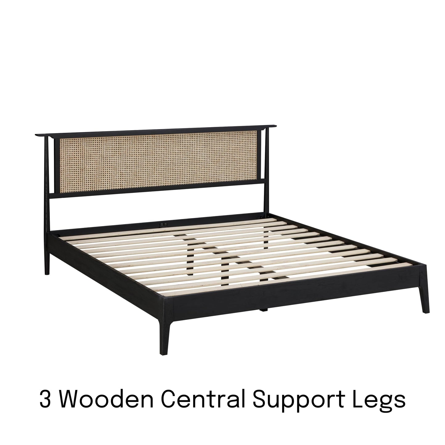 NTC Ruby Wooden Bed Frame with Headboard and Natural Rattan, Solid Oak Foundation with Silent Slats, 1000 Lb Capacity, Effortless Assembly, King - Burnt Black