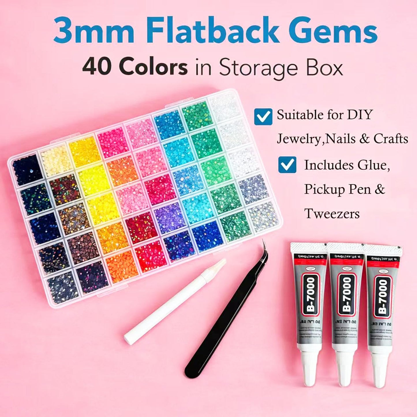 48000Pcs Resin Jelly Rhinestones for Bedazzling,40 Colors 3mm Flatback Gems Bedazzling Kit with 3Pcs 10ml B7000 Glue for Clothing Nail Art Shoes Crafting Makeup (40 Colors+3 Pcs Glue)