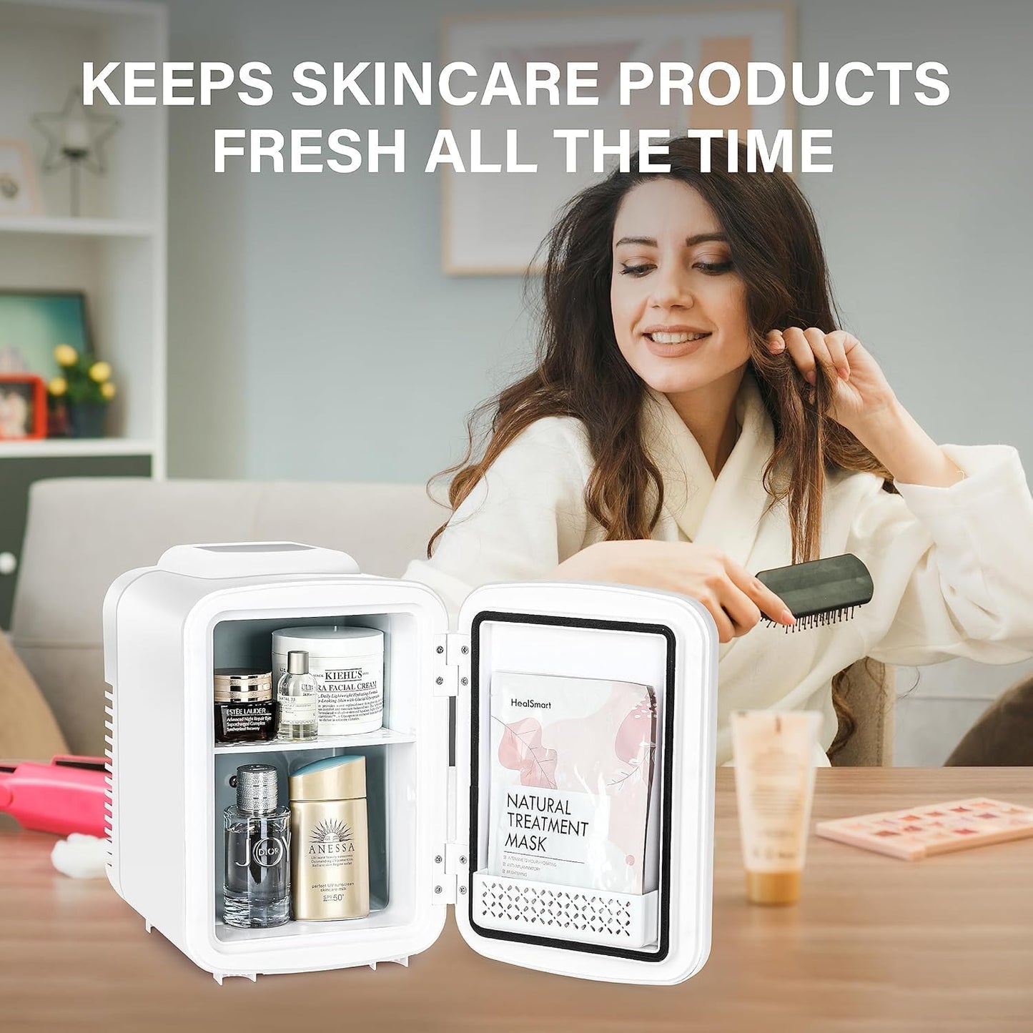 Simple Deluxe 4L/6 Can Portable Mini Fridge Cooler & Warmer, Freon-Free Small Refrigerator for Skincare, White