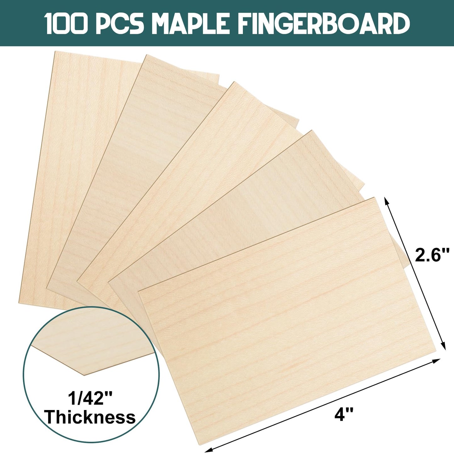 Novabright 100 Pcs Maple Fingerboard Wood Veneer Pieces 4" x 2.6" 60 Straight Cut, 40 Cross Cut 1/42" Thickness for String Instrument Fingerboards Crafting Repairing