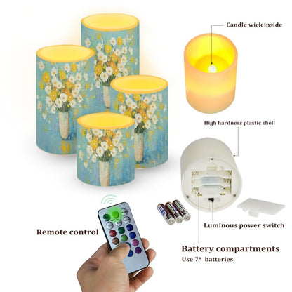 Cozeyat Oil Painting Flower Flameless Candles 4 Pack Battery Operated LED Pillar Candles with Remote Control Timer Color Changing for Indoor Outdoor Home Wedding