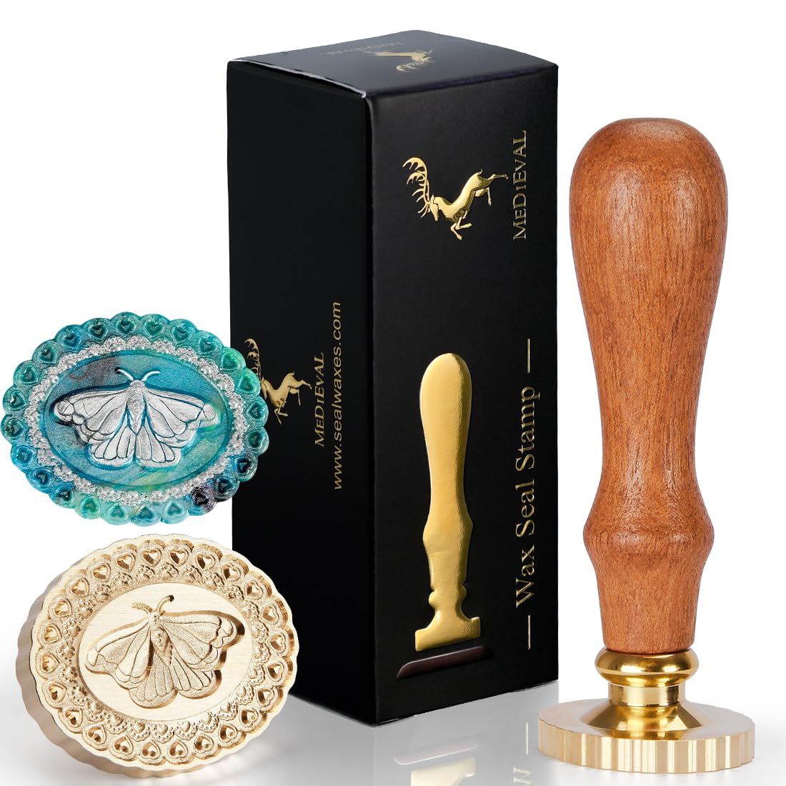 3D Embossed Moth Wax Seal Stamp - Wooden Handle with Brass Metal Head, Defor for Envelope/Bag/Gift Packing, Making Product Tag Arts Crafts DIY