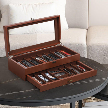 AUTOARK 2-Tier PU Leather & Velvet Knife Organizer with 17 Slots,Transparent Glass Top & Drawer,Compact Storage for Pocket Knives,Perfect for Men's Collections & Gifts,Coffee,MKAW012