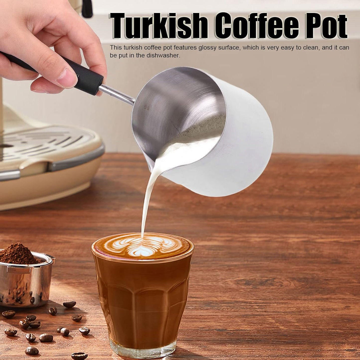 600ml Turkish Coffee Pot, Stainless Steel Milk Pot, High Temperature Resistant Butter Warmer with Cleaning Brush